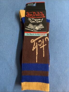 Von Dutch Brown, Blue & Yellow Striped Crew Socks